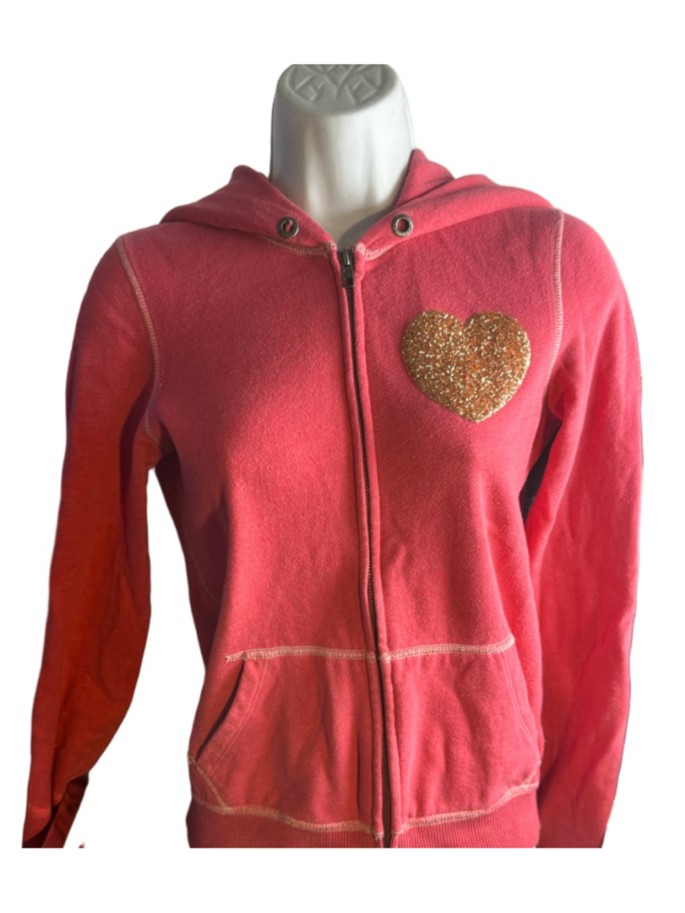 Victoria’s Secret PINK XS Full Zip Hoodie Coral Pink Glitter LOVE Graphic